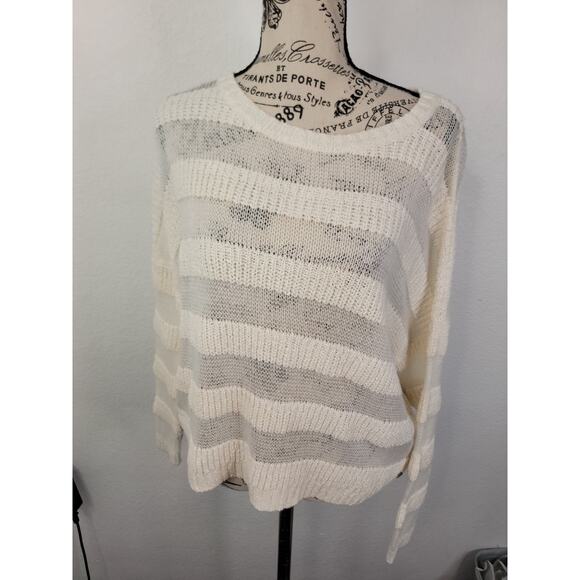 Roxy Boxy Open Knit Sweatshirt Top Sz Small Ivory Sheer Striped Beachy Boho - Picture 2 of 11